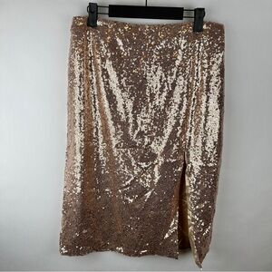 NWT Petite Metallic Gold Embroidered Sequin Midi Skirt with Split | US Size 10